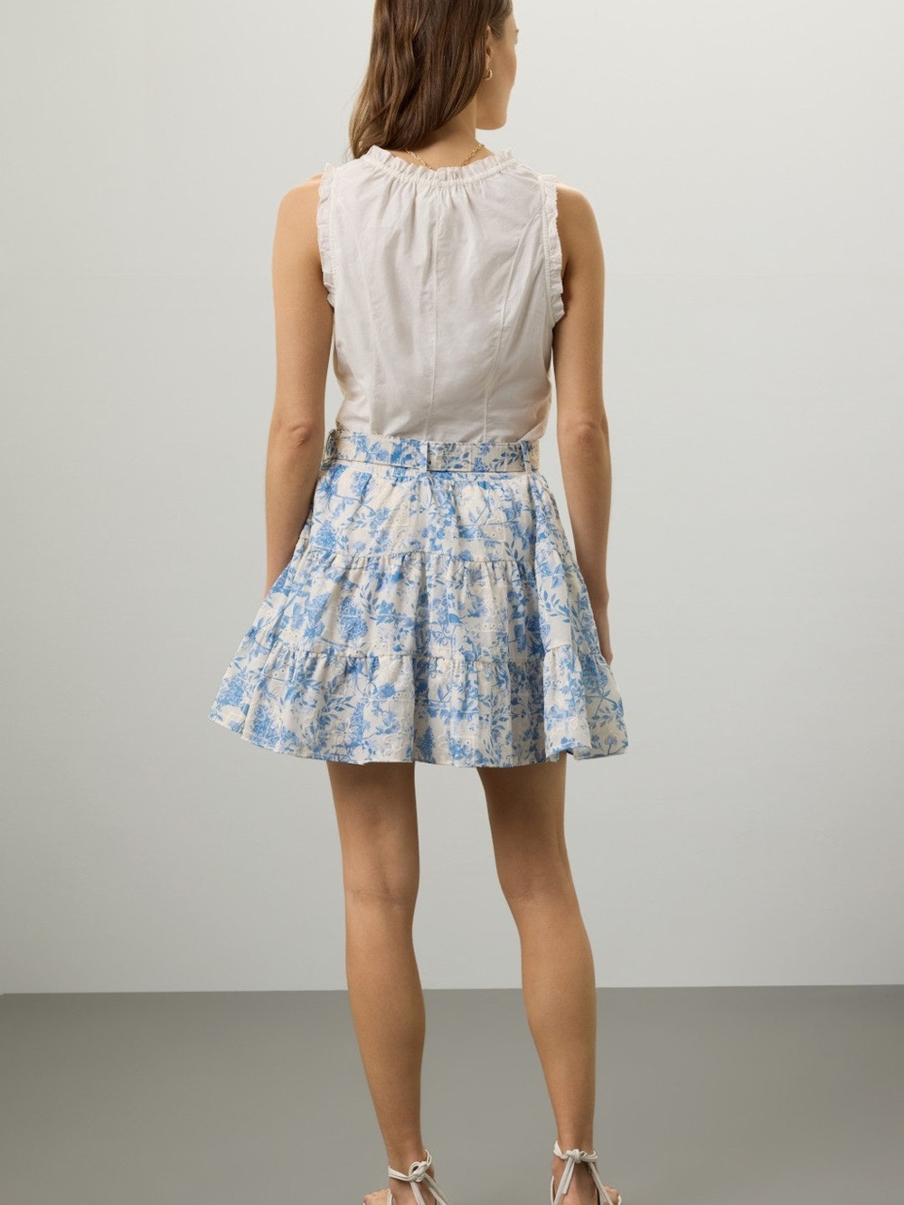 English Factory Blue and Cream Floral Tiered Skirt with Belt - Picture 2 of 6